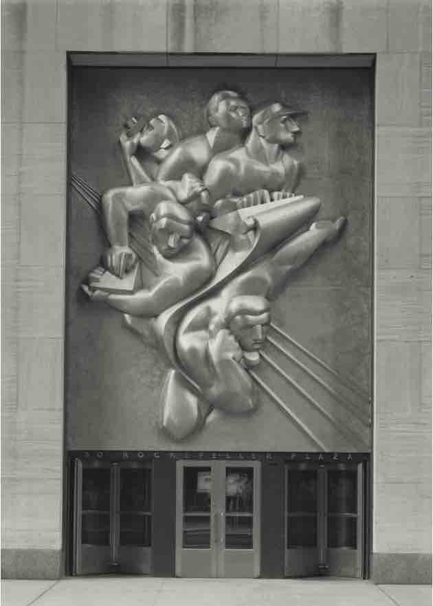Black-and-white photo of Isamu Noguchi’s “News” sculpture mounted above the entrance of the Associated Press Building at Rockefeller Center.