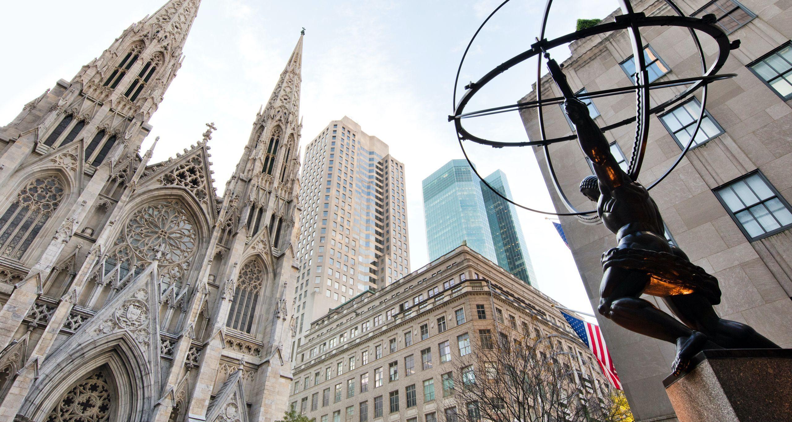 Art Deco art, such as the Wisdom sculpture, are part of the Rockefeller Center Tour.