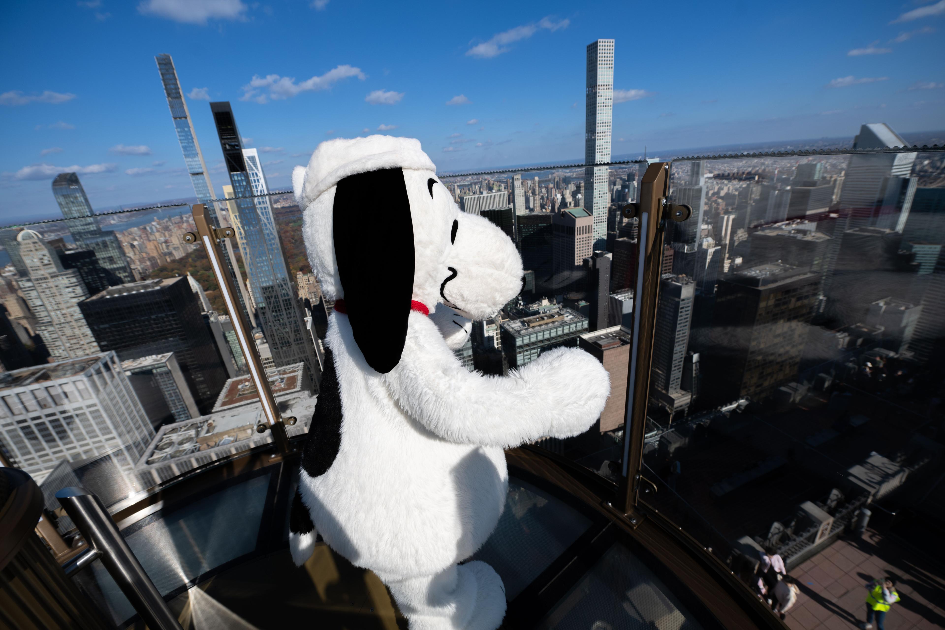 snoopy on skylift at top of the rock