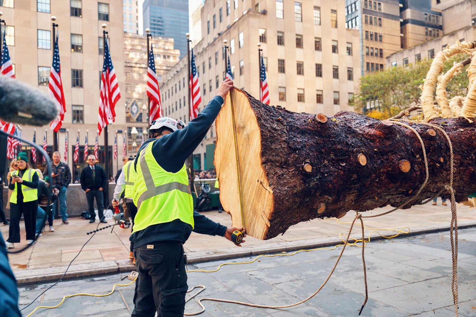 men in construction gear using a machine to cut wood