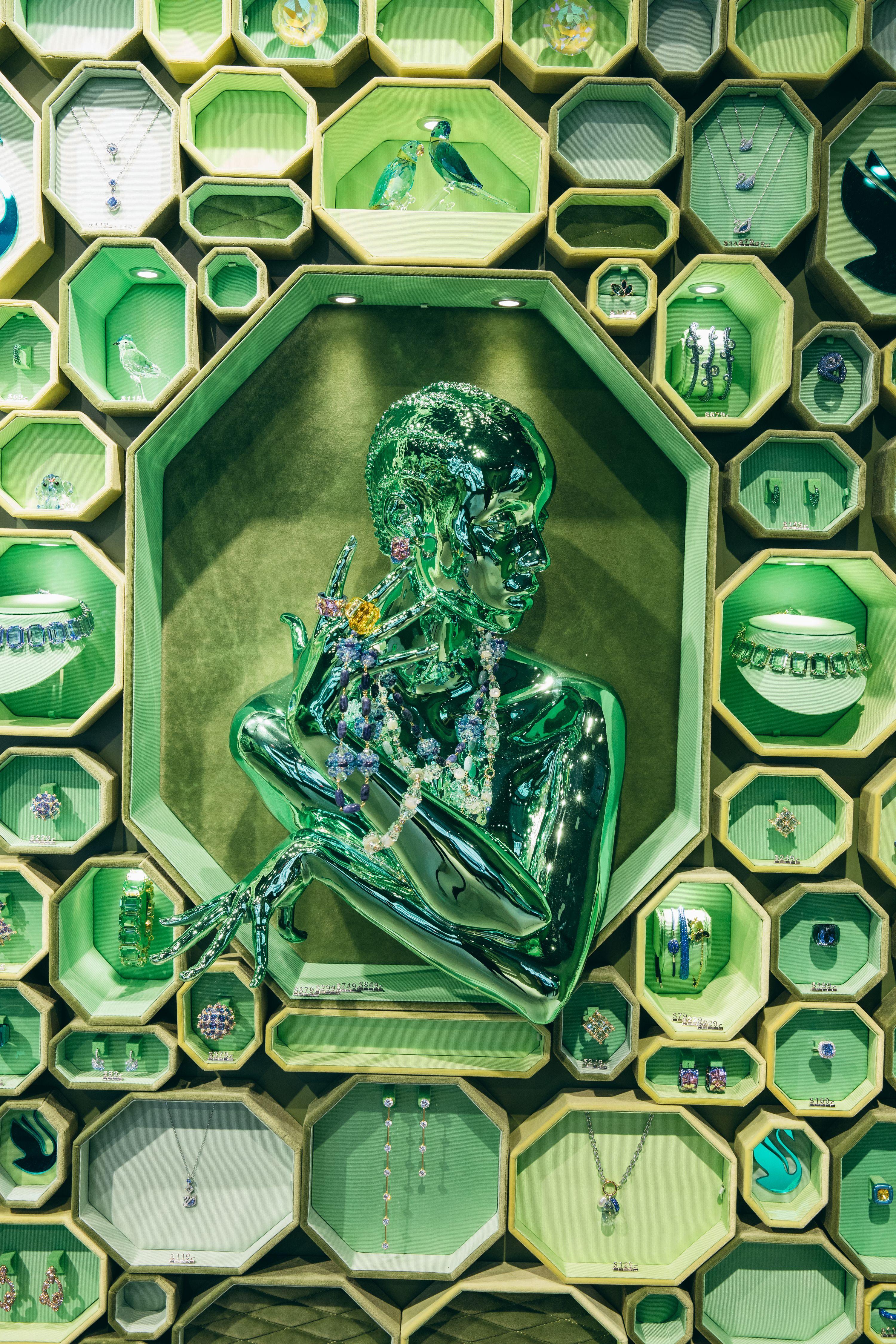 green Swarovski crystals display wall