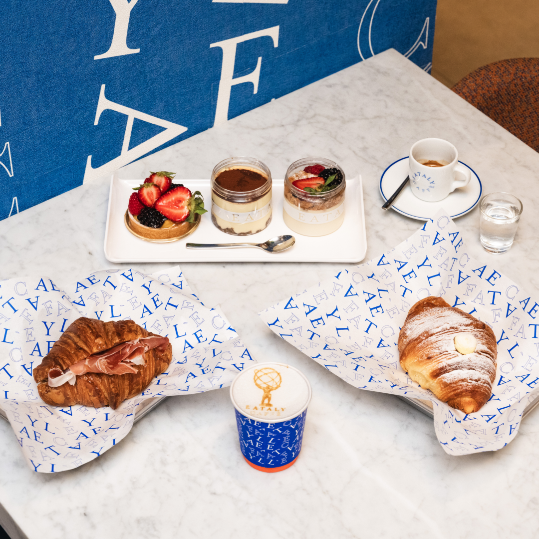 Assorted pastries, desserts, and coffee drinks from Eataly Caffè at Rockefeller Center