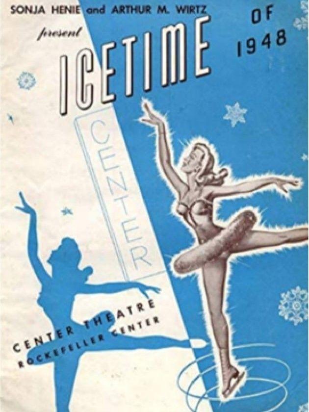 Vintage poster for “Icetime of 1948” featuring a figure skater, representing performances at Center Theatre in Rockefeller Center.
