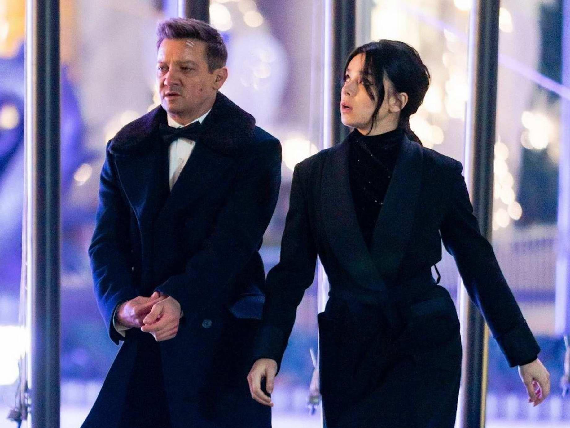 Jeremy Renner and Hailee Steinfeld filming Hawkeye at Rockefeller Center