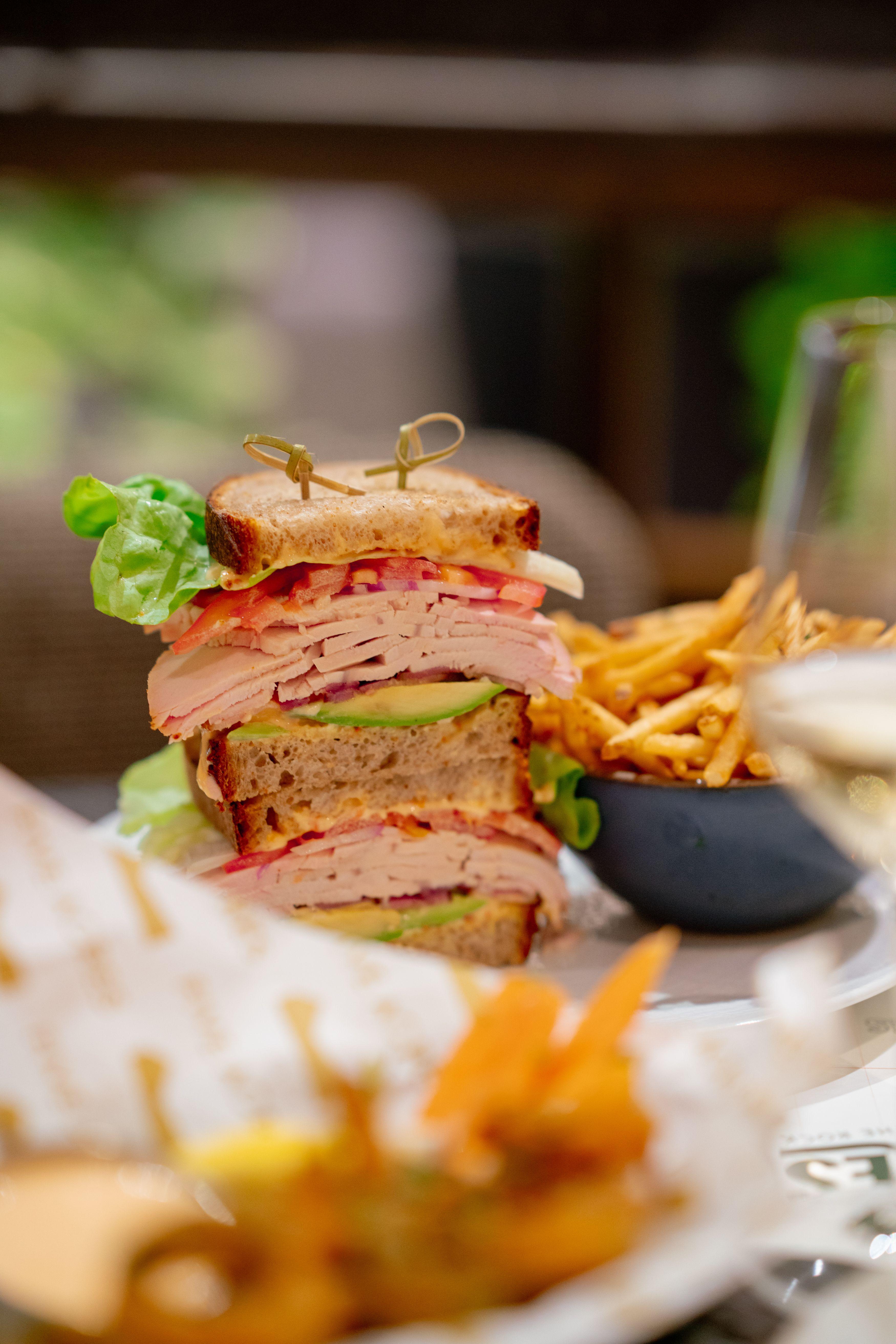Turkey club sandwich and french fries